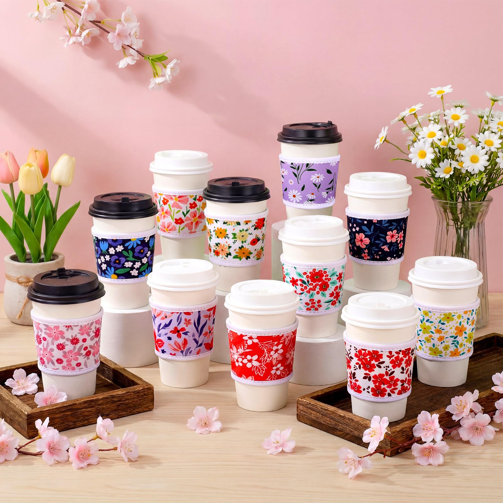 Potchen 16 Pack Reusable Iced Coffee Cup Sleeves Neoprene Insulated Drink Cup Insulator Sleeve for