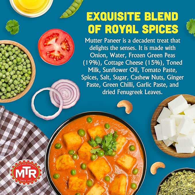 MTR - Minute Meals: Mutter Paneer - Spiced Green Peas & Cottage Cheese in Gravy - Tasty Indian Meal with No Added Preservatives - A Quick Meal Suitable for Vegetarians, Ready in Minutes! (Pack of 6)