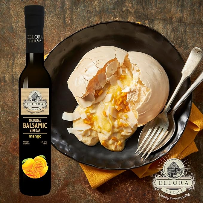 Ellora Farms, Mango fruit Infused Greek Balsamic Vinegar, thick and creamy, no-added sugars, no-preservatives, 8.45 oz. bottle, Pack of 1