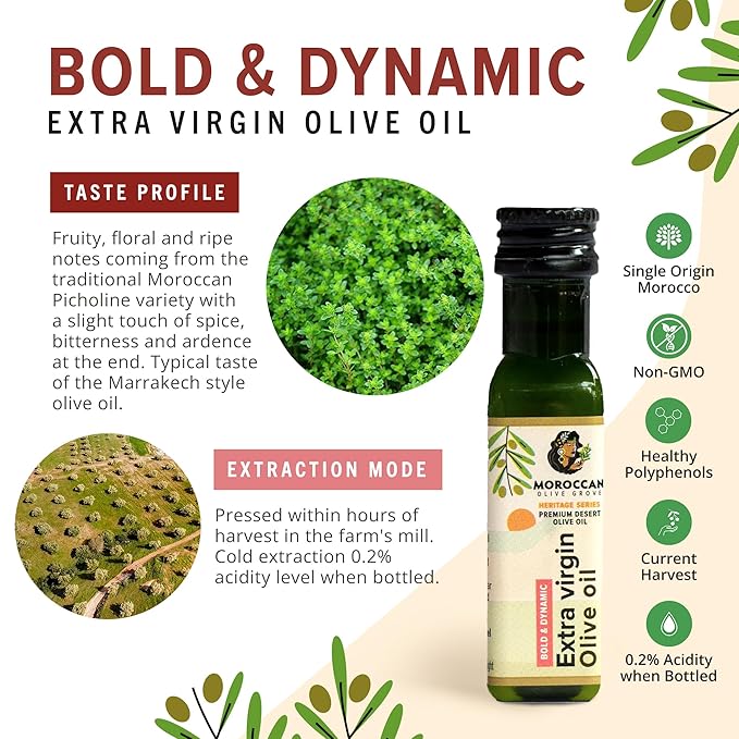 MOROCCAN OLIVE GROVE - The Red Olive Oil, Bold & Dynamic Cold-Pressed Desert Olive Oil Extra Virgin, Versatile Cooking Essential Made from Single-Origin Fresh Olives, 50-Pack, 20 ml per Travel Bottle