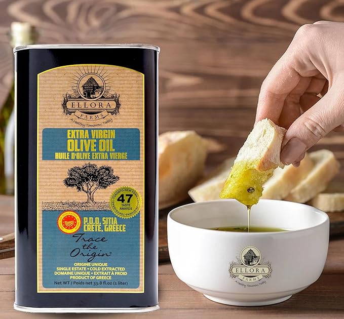 Ellora Farms, Greek Extra Virgin Olive Oil, Certified PDO SITIA, Single Estate, Single Origin, Single Variety, Cold Press & Traceable Olive Oil, Crete, Greece, Kosher, 1 Lt Tin (33.8 oz.)