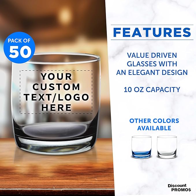 DISCOUNT PROMOS Custom Whiskey Glasses 10 oz Set of 50, Personalized Bulk Pack - Heavy Base Old Fashioned Glass, Perfect for Scotch, Bourbon, Whiskey, Cocktail - Black Bottom Color