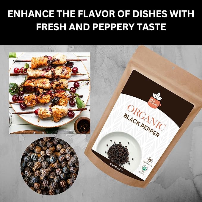 SPICY ORGANIC Whole Black Pepper - 4 lb. - Fresh and Aromatic Peppercorns, Perfect for Grinder Refill and Seasoning, USDA Certified Organic, Gluten-Free, Non-GMO Spice