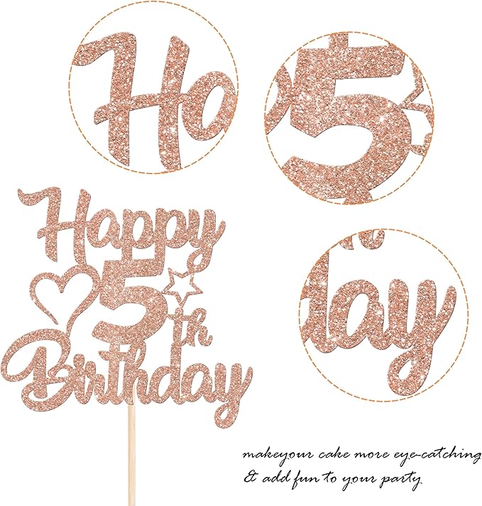 1 Pack Happy 5th Birthday Cake Topper - Glitter Heart Star 5 Fabulous Cake Picks - Rosegold