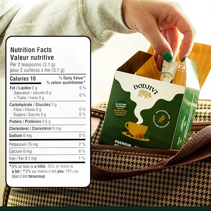 Dodjivi Organic Reishi Mushroom Coffee, Sustained Energy & Focus, Instant Coffee, Arabica with Adaptogenic Herbs, Sugar-Free, Vegan, Keto-Friendly, Low-Acid, Smooth Taste, 30 Sticks Bag