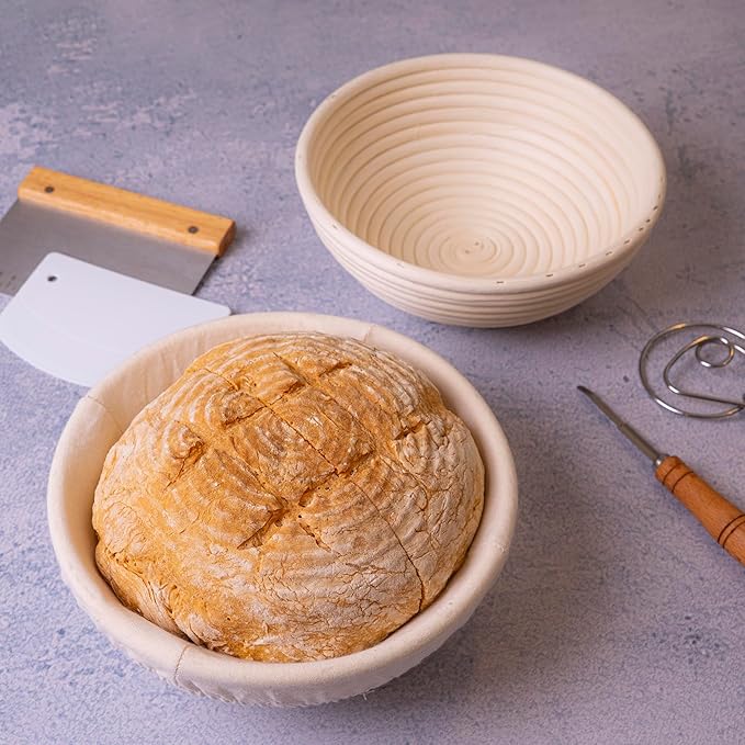 Bread Proofing Baskets Set of 2, Round Shaped Dough Proofing Bowls Linerssourdough starter kit sourdough bread baking supplies Bread (round set 2 9in)