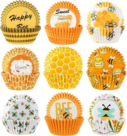 SANNIX 450pcs Yellow Cupcake Liners - 9 Bee Designs for Parties & Celebrations