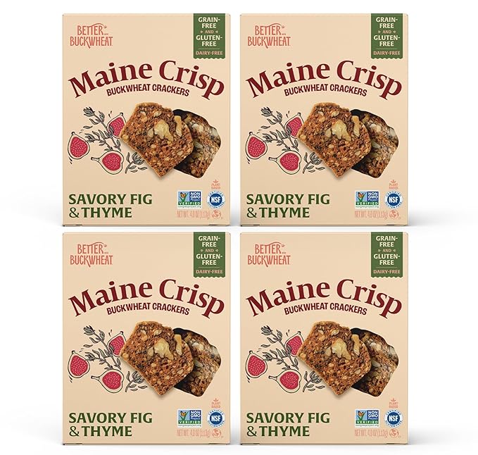 Maine Crisp Savory Fig & Thyme Crisps, 4 Pack, Vegan Gluten Free Crackers - Snack Crackers, Grain Free, Dairy Free, Non-GMO - Sweet & Savory Flavor, For Cheese Boards, Salad Toppings & Jams