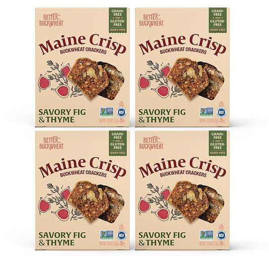 Maine Crisp Savory Fig & Thyme Crisps, 4 Pack, Vegan Gluten Free Crackers - Snack Crackers, Grain Free, Dairy Free, Non-GMO - Sweet & Savory Flavor, For Cheese Boards, Salad Toppings & Jams