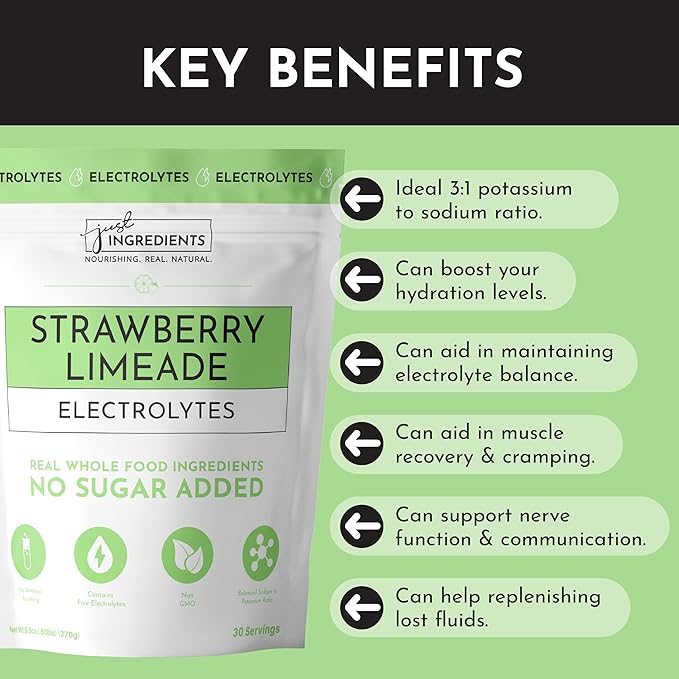 Strawberry Limeade Electrolytes ??30 Serving Bag ??Clean Hydration Drink Mix with Essential Minerals ??Remineralizing Formula ??No Sugar Added ??Natural Energy & Cramp Support ??Vegan, Non-GMO