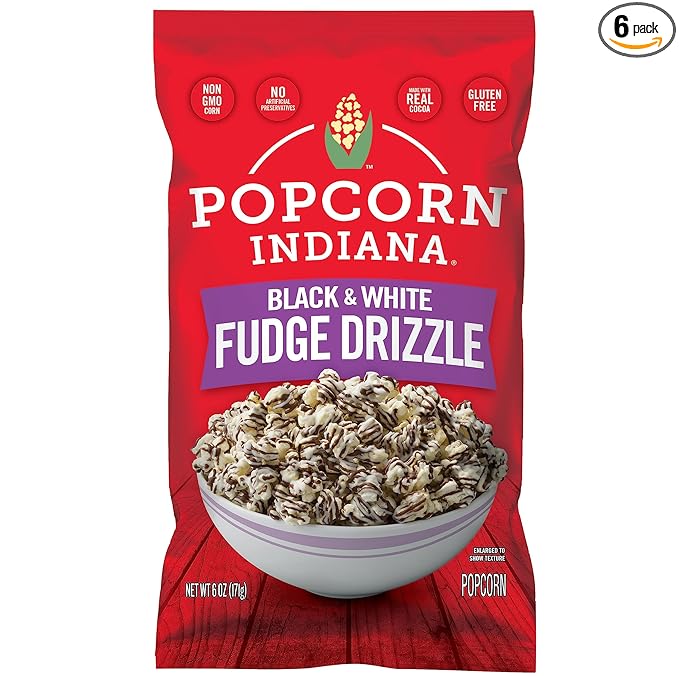 Popcorn Indiana Black & White Fudge Drizzle Chocolate Popcorn (6 oz Bags ??6 Pack) Pre-Popped Popcorn Made with Real Cocoa, Gluten Free, No Artificial Flavors, Perfect for Movie Nights or Snacks