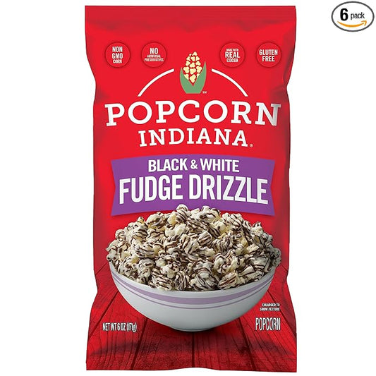 Popcorn Indiana Black & White Fudge Drizzle Chocolate Popcorn (6 oz Bags ??6 Pack) Pre-Popped Popcorn Made with Real Cocoa, Gluten Free, No Artificial Flavors, Perfect for Movie Nights or Snacks
