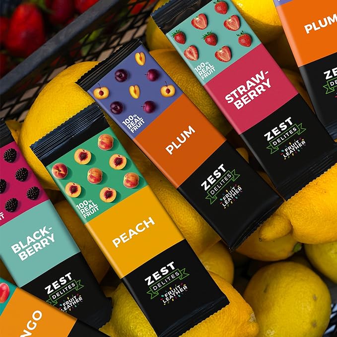Fruit Snacks by Zest Delites, Fruit Leather Bars, Healthy Snacks for Adults & Kids, Vegan, Apple-Based, Strawberry, Peach, Blackberry, Plum, Tart Cherry, Bulk 0.88 oz x 50