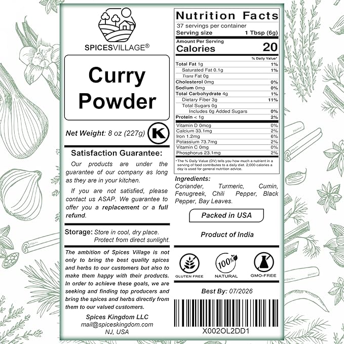 SPICES VILLAGE Yellow Indian Curry Powder, Curry Spice for Cooking, 8 oz, Natural Medium Madras Curry Mix, Kosher, Gluten Free, Non GMO, Salt Free, Resealable Bulk Bag