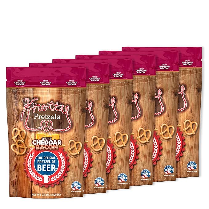 Knotty Pretzels ?쏷he Official Pretzel of Beer??7.5 oz Individual Seasoned Pretzels in Resealable Pretzel Snack Bags, The Perfect Pairing for Beer, Cheddar Bacon Pretzel Flavor (6-Pack)