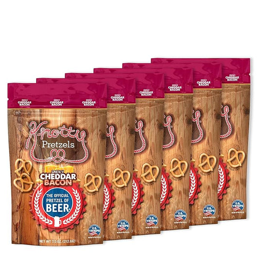 Knotty Pretzels ?쏷he Official Pretzel of Beer??7.5 oz Individual Seasoned Pretzels in Resealable Pretzel Snack Bags, The Perfect Pairing for Beer, Cheddar Bacon Pretzel Flavor (6-Pack)