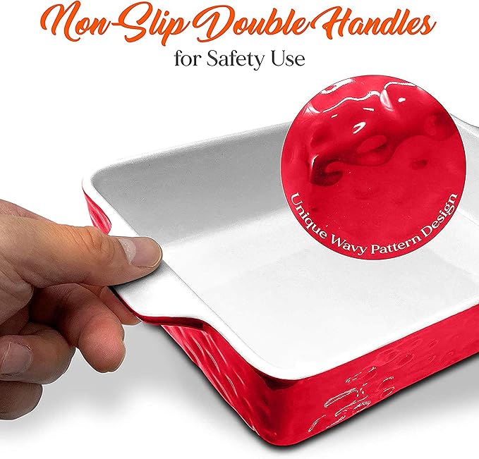 NutriChef 3-Piece Ceramic Casserole Dish for Oven - Premium Lasagna Baking Pans w/ Nonstick Coating & Built-In Handles - Dishwasher & Microwave Safe - 14" x 8", 10" x 6", 7" x 5" - Red