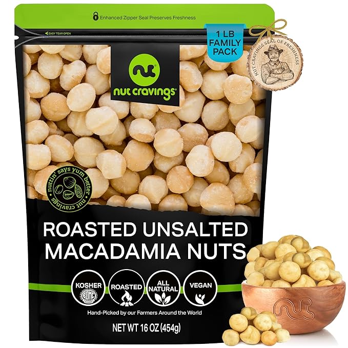 NUT CRAVINGS - Roasted Macadamia Nuts - No Shell, (16oz - 1 LB) Bulk Nuts Packed Fresh in Resealable Bag - Healthy Protein Food Snack, Food Assortments