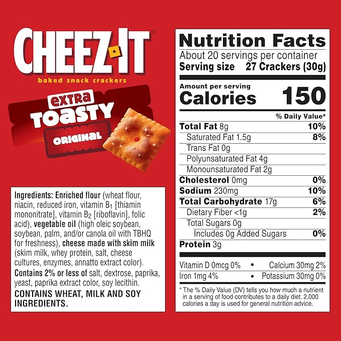 Cheez-It Cheese Crackers, Baked Snack Crackers, Lunch Snacks, Family Size, Extra Toasty, 21oz Box (1 Box)