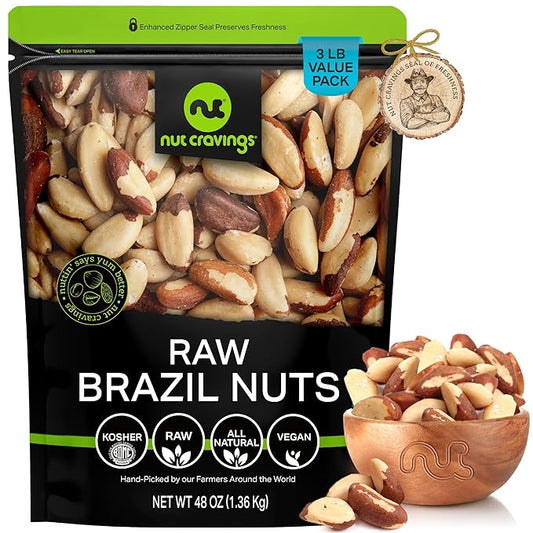 NUT CRAVINGS - Raw Brazil Nuts, Unsalted, No Shell, Whole, (48oz - 3 LB) Bulk Nuts Packed Fresh in Resealable Bag - Kosher Healthy Snack, Food Assortments