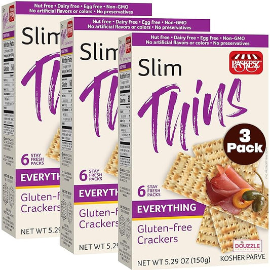 DOUzzle Gluten Free Flatbread Crackers, Slim Thins Everything Flavor (6 Stay Fresh Packs - Pack of 3) Kosher for Passover Snack Food - Non GMO, Nut Free, Dairy Free, Egg Free Kosher Parve
