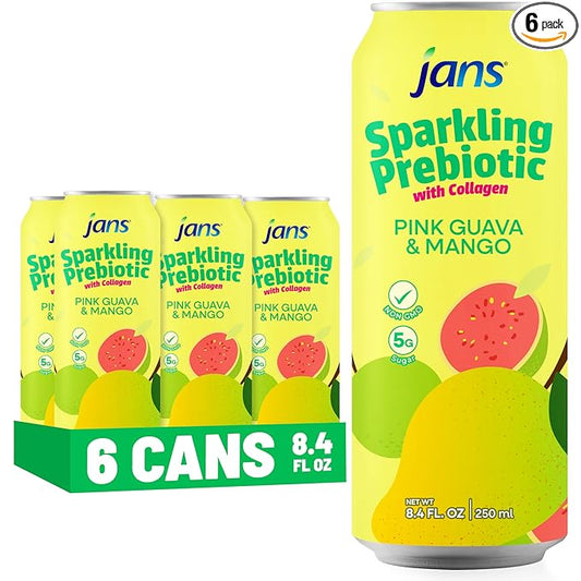 Jans Sparkling Prebiotic with Collagen Soda Beverage ??Pink Guava & Mango 8.4 Fl Oz (6-Pack) ??Low