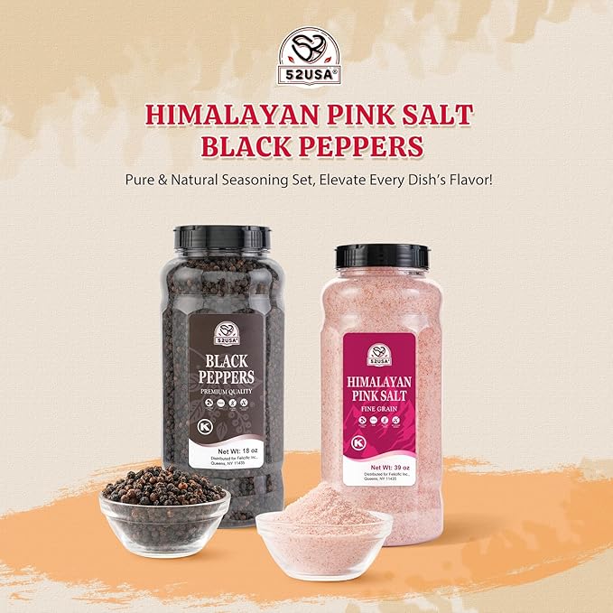 52USA Whole Black Peppercorns 18 oz + Himalayan Pink Salt (Fine Grain) 39 oz, Salt and Pepper Grinder, Black Peppercorn Refil, Kosher, Pink Himalayan Sea Salt, 2 Piece Set