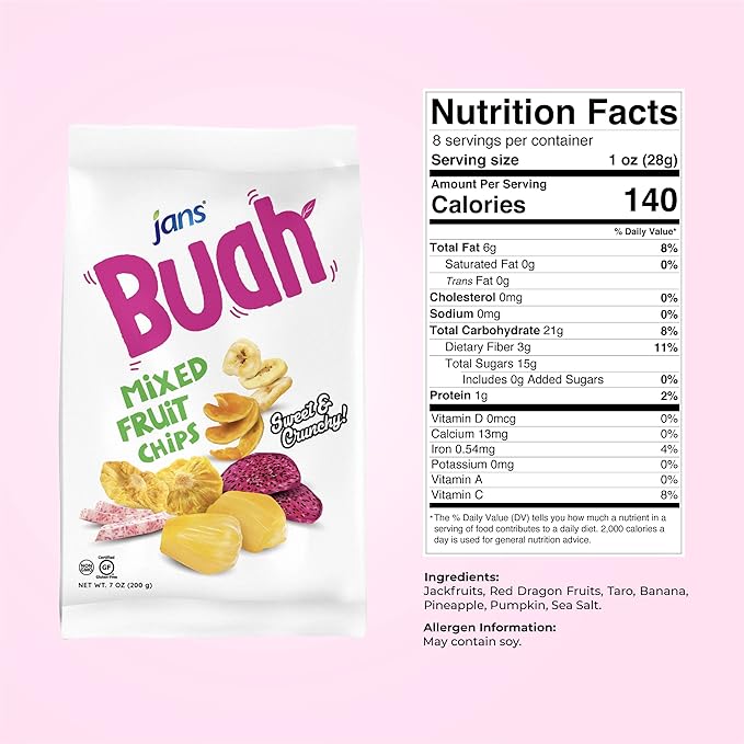 Jans Buah Mixed Fruit Chips, 7 Oz ??Tropical Mix of Red Dragonfruit, Pineapple, Banana, Jackfruit, Taro, Pumpkin Chips - Deliciously Sweet & Crunchy Mixed Chips Snacks, Non-GMO, Gluten Free, Vegan