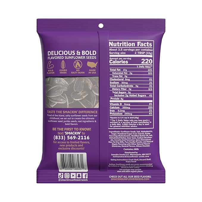SMACKIN' - Jumbo Roasted Sunflower Seeds, No Salty Burn, American Made, Easy Pour & Seal - Cinnamon Churro, 4oz bag (12 Bags)