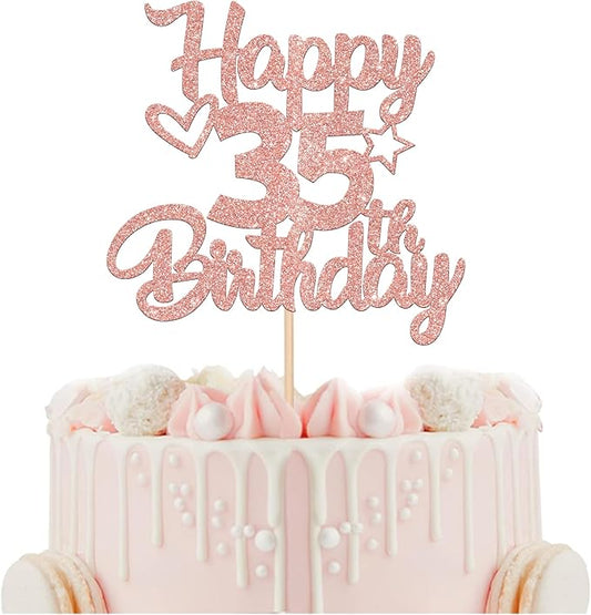 1 Pack Happy 35th Birthday Cake Topper Glitter Heart Star 35 Fabulous Cake Pick Birthday Sign Cake Decorations for Children 35th Birthday Theme Party Supplies Rose Gold