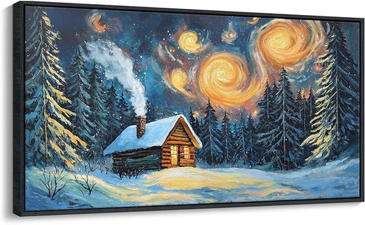 QZQCBLC Large Landscape Wall Art, Farmhouse Cabin Forest Gallery Pictures Abstract Winter Rustic Painting Framed Artwork for Living room Bedroom kitchen Home Office Decor 29x58 IN