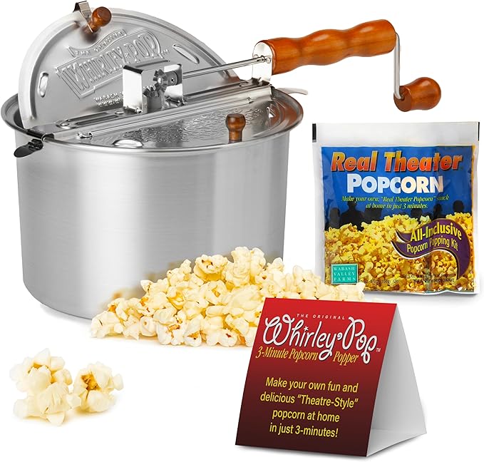 Original Whirley Pop Popcorn Popper with Kernels ??6-Quart Silver Popcorn Maker, Fast & Easy-to-Use Snack Machine for Movie Nights, Durable Aluminum Stovetop Popper with Metal Gears