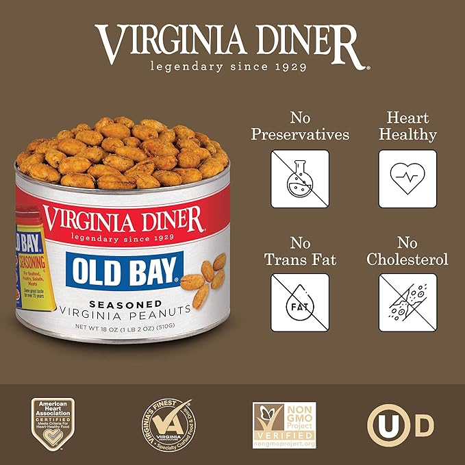 Virginia Diner Old Bay Seasoned Virginia Peanuts - Non-GMO, Preservative Free Spicy Old Bay Nuts from Virginia Since 1929-18 Oz Can