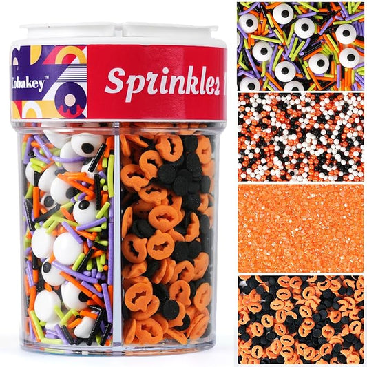 Halloween Sprinkles 4 Cell Candy Eyeballs, Pumpkin Confetti, Orange Sanding Sugar, Orange White Black Nonpareils Jimmies & Sugar Pearls | Cake Cookie Cupcake Decorations for Halloween Party Baking Supplies 6.5oz
