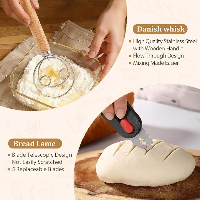 Sourdough Bread Baking Set,10" Round and 11" Oval Rope Banneton Proofing Basket with Liners,Sourdough Starter Kit with Bread Lame,Dough Whisk,Bowl Scraper,Brush and Stainless Steel Scraper