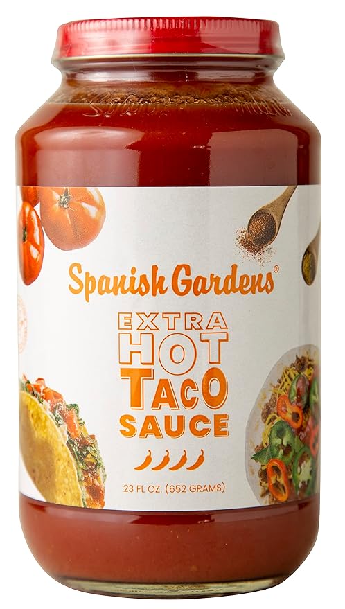 Spanish Gardens Taco Sauce (6 Pack) ??Extra Hot Taco Sauce for Authentic Mexican Food ??Original Family Recipe, Super Spicy Sauce for Tex Mex Food (23 oz)
