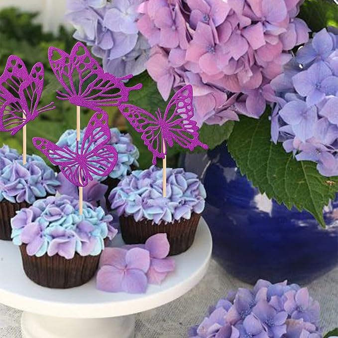 Rsstarxi 24 Pack Butterfly Cupcake Toppers Glitter Assembled Hollow Butterfly Cupcake Picks Baby Shower Cake Decorations for Wedding Engagement Bridal Shower Kids Birthday Party Supplies Purple