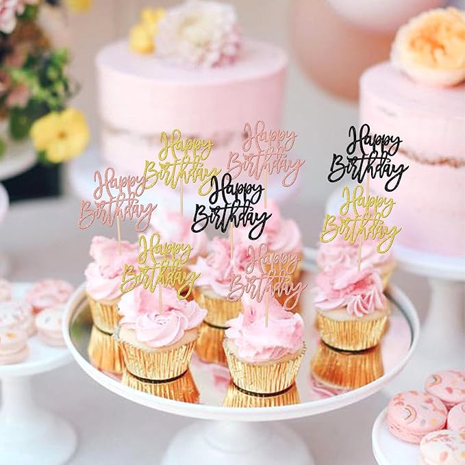 24 PCS Happy Birthday Cupcake Toppers Glitter Happy Birthday Cupcake Picks for Celebrating Anniversary Theme Party Cake Decorations Supplies Gold Black Rose Gold