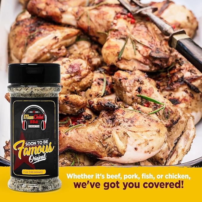 All-Purpose Salt Pepper Garlic BBQ Rub by Manchild, Authentic Texas Style Dry Rub for Beef, Chicken, Pork, Seafood & Veggies, 7 oz