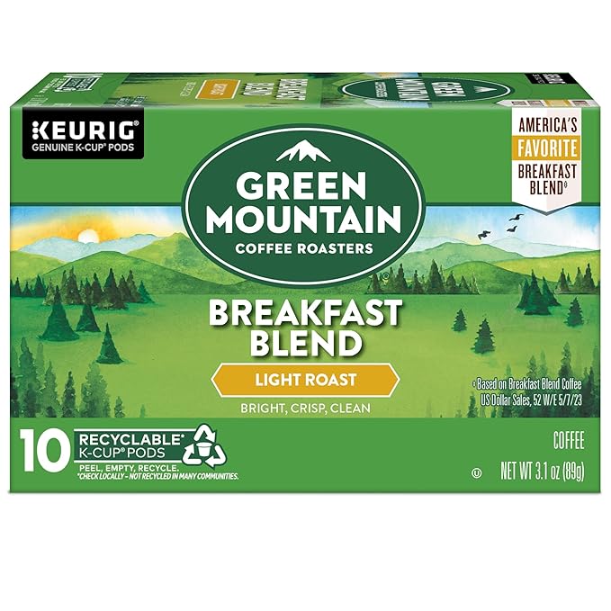 Green Mountain Coffee Roasters Breakfast Blend, Keurig Single Serve K-Cup Pods, Light Roast Coffee, 60 Count, (6 Packs of 10)