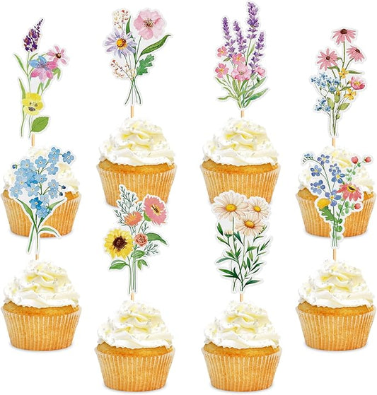 24Pcs Wildflower Cupcake Toppers Wildflower Birthday Party Decorations Picks Girl Birthday Theme Cake Decorations for Baby Shower Party Supplies Anniversary Party Decorations Supplies