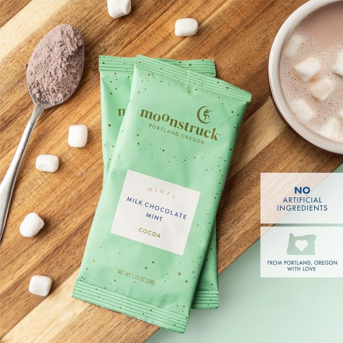 Moonstruck Chocolate Single Serve Minty Milk Chocolate Mint Hot Chocolate Packets, 8 Count (Pack of 1)