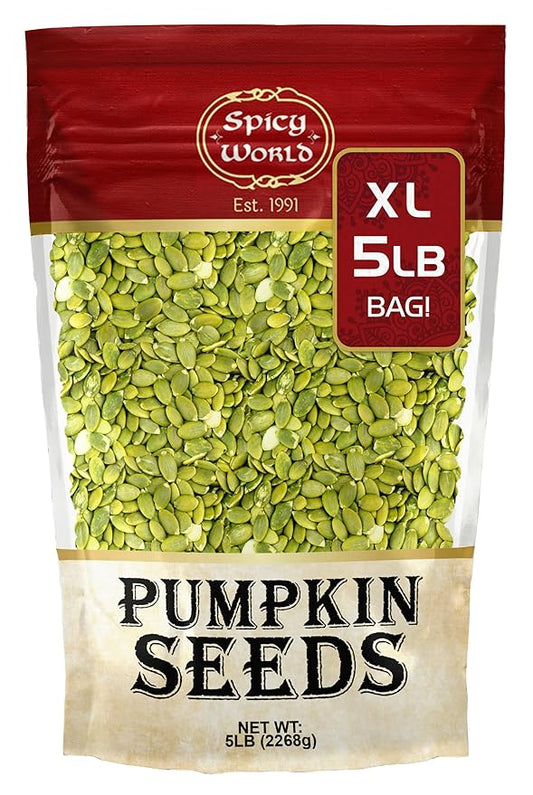 Raw Pumpkin Seeds 5 LB Jumbo Bag - Shelled, AAA Grade, Unsalted, Dry, Vegan, Bulk Bag by Spicy World