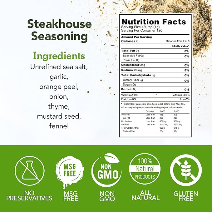 s.a.l.t. sisters Steakhouse Seasoning | All-Natural, Gluten Free, MSG Free, Non-GMO | Dried Citrus, Herbs & Salt Seasoning | Versatile Use for Meat, Fish, Vegetables, and More | 8oz