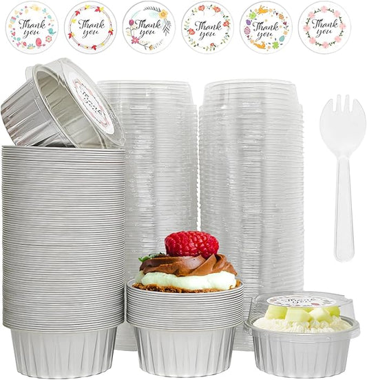 100 Pcs Aluminum Foil Baking Cups with Lids, 5oz Cupcake Liners Dessert Cups,Disposable Ramekins Mini Cake Containers Tin Mini Muffin Liners for Wedding Christmas Party竊늆ilverç«?,<div>