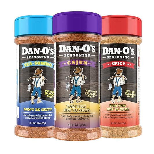 Dan-O's 3 Bottle Seasoning Set, Small Bottles, 3 Pack, Includes Spicy, SEA-soning and Cajun Seasonings, Sugar Free, Zero Calorie, Use this Seasoning Kit on Meat, Seafood or Jambalaya