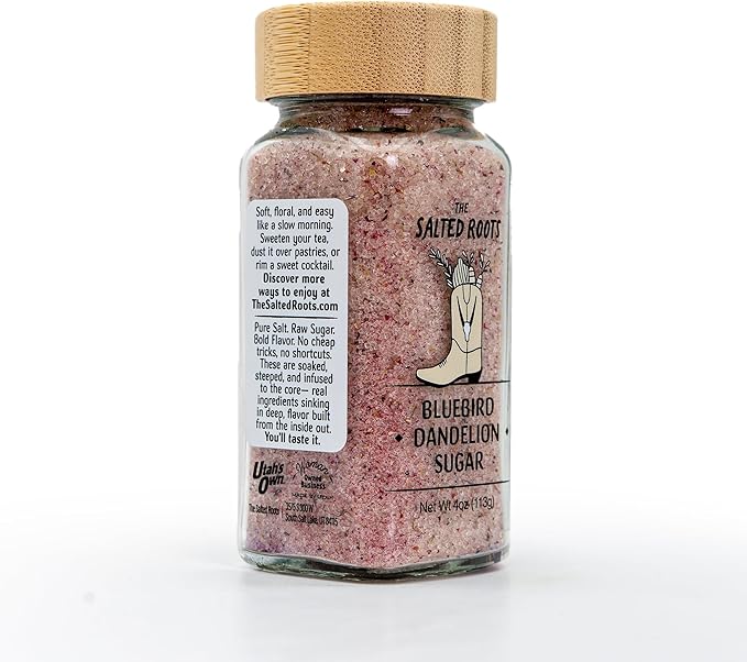 The Salted Roots Bluebird Dandelion Sugar - Floral, Sweet & Citrusy with Blue Tea, Rosehips & Raspberries - Gourmet Sugar for Tea, Pastries & Cocktails – 4oz Jar
