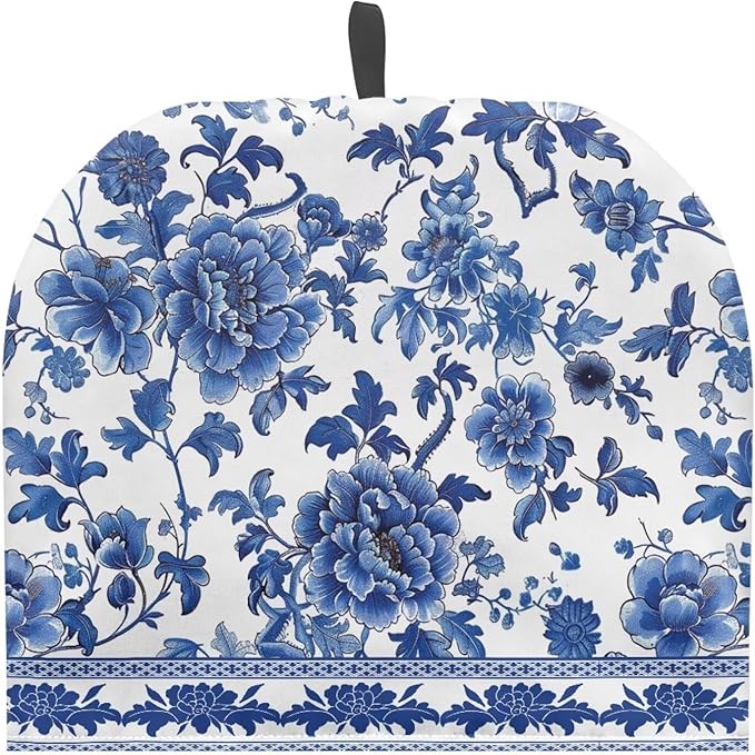 Machine Washable Tea Cozy for Teapot Stylish Blue White Flowers Pattern Tea Cosy Fabric Quilted Padding & Heat-Proof Teapot Cover Customized Soft Tea Cozy for Household Kitchen