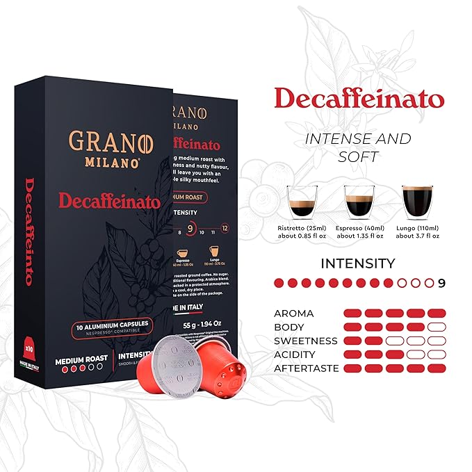 Grano Milano - Aluminum Coffee Pods Compatible with Nespresso®* Original Line Machines (Decaffeinato., 100 Pods)