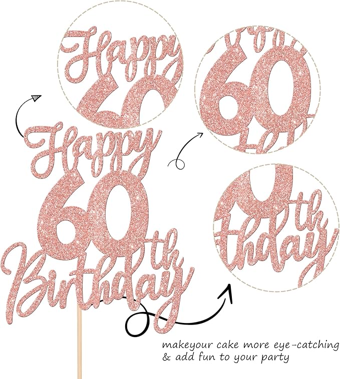 1 PCS Happy 60th Birthday Cake Topper Glitter Cheers to 60 Years Birthday Cake Pick Sixty Hello 60 Fabulous Cake Decoration for Happy 60th Birthday Anniversary Party Supplies Rose Gold